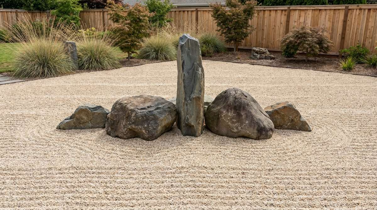 A serene zen garden featuring a crane island sanctuary with 3-5 boulders arranged to resemble a crane in flight or at rest, including a tall vertical stone for the neck and head, surrounded by finely raked gravel in horizontal lines to emphasize isolation and empty space, symbolizing immortality and transcendence in Japanese culture as a meditation focus.