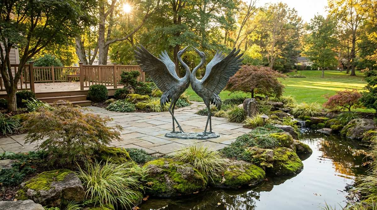 Two elegant crane sculptures captured in the distinctive courtship dance pose with wings spread and necks arched. These tall garden ornaments symbolize partnership and work best in Asian-inspired gardens or near water features, serving as a dramatic focal point in open spaces.