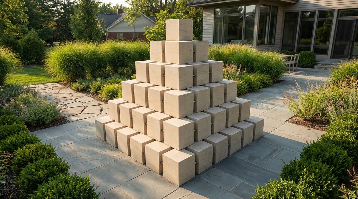 A contemporary limestone sculpture featuring graduated cubes stacked in a stepped pyramidal form, with crisp 90-degree angles and a 15-degree taper. The sculpture uses steel dowel connections for stability and suits modern architectural designs, providing visual interest with its horizontal and vertical lines.
