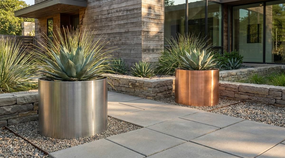 Modern cylindrical metal vessels in brushed stainless steel or copper, used as planters in garden decor. These simple circular containers provide textural contrast against matte concrete and stone surfaces, with reflective surfaces that capture light and surrounding colors. Ideal for showcasing specimen plants with architectural form, positioned near building corners or pathway intersections to mark key locations in contemporary garden design.