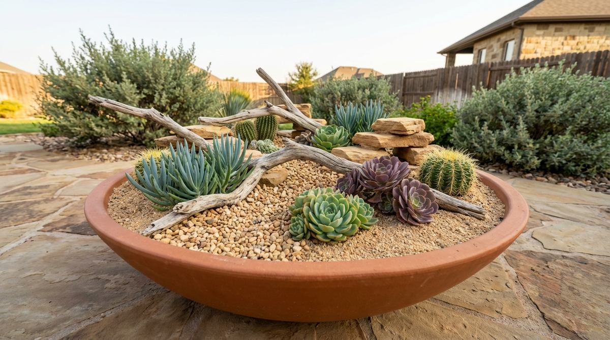 A miniature desert garden featuring multiple succulent varieties in shades of blue, green, and purple arranged among sand-colored gravel and weathered driftwood pieces. Small rock formations create elevation changes across the container, with coarse sand layered over cactus potting mix for authentic desert appearance and optimal drainage. This low-maintenance design requires watering only every 2-3 weeks and provides a calming visual effect with its neutral color palette.