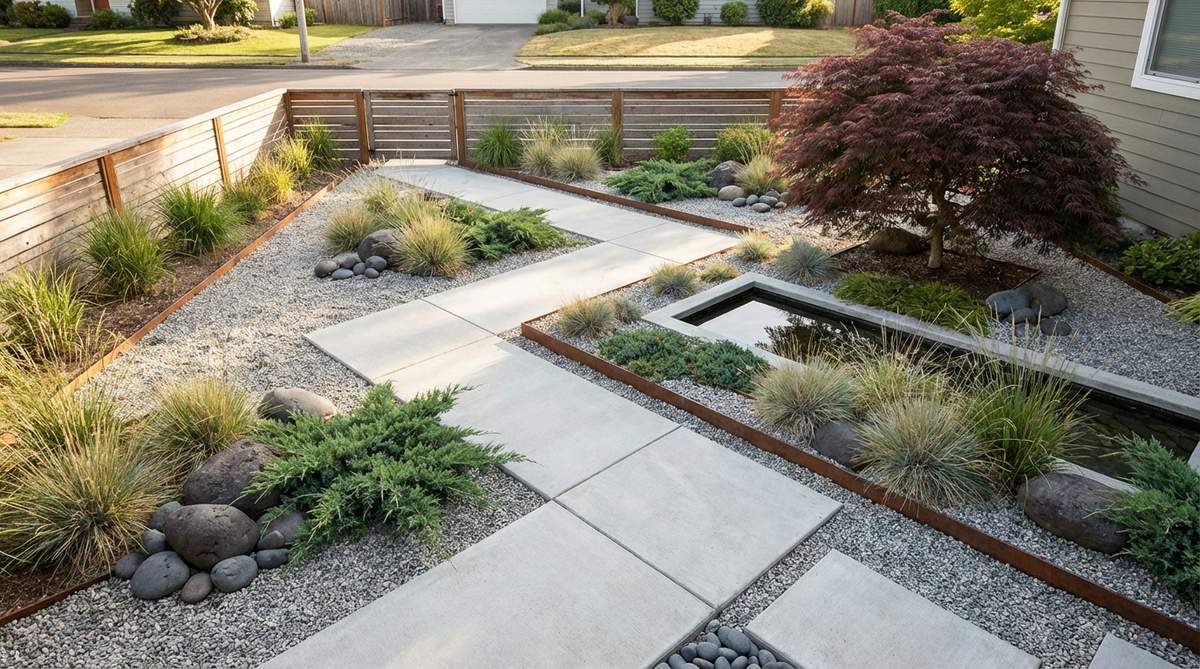 A modern zen garden featuring concrete pathways cut at 45-degree angles to property lines, creating dynamic movement across a rectangular yard. The diagonal orientation disrupts predictable sightlines and extends perceived distance, with paths edged with steel or aluminum strips for clean termination against gravel beds, encouraging slower walking speeds and mindful observation in alignment with zen principles.