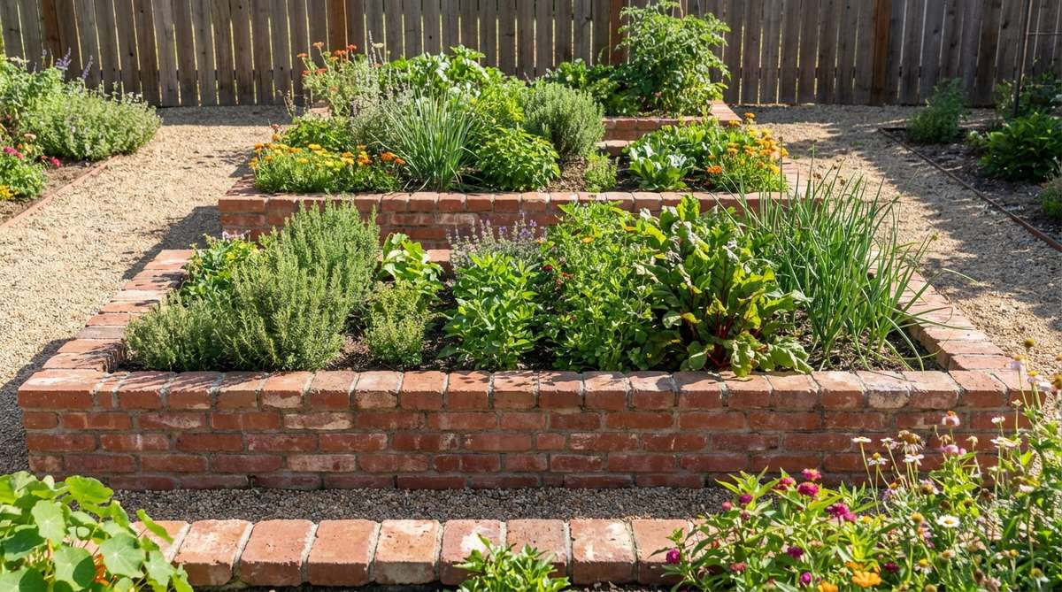 A double-stacked raised bed constructed with two courses of horizontal bricks, creating a 6-inch wall ideal for shallow planting beds or tiered garden levels. This design improves drainage for herbs and vegetables, reduces back strain during maintenance, and is suitable for kitchen gardens, cutting flower beds, and wheelchair-accessible zones.