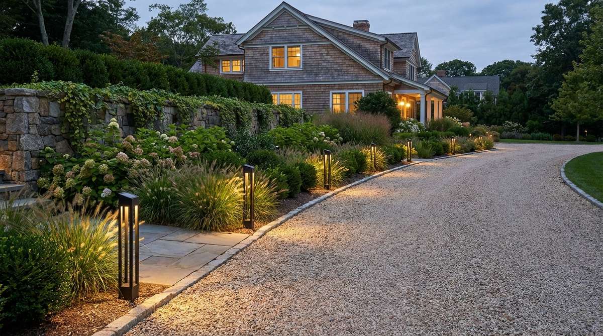 A row of solar-powered stake lights along a driveway border, providing warm white illumination for pathway safety and creating a welcoming entrance to the garden. The lights are evenly spaced for continuous coverage, complementing the overall garden design with elegant lighting accents.