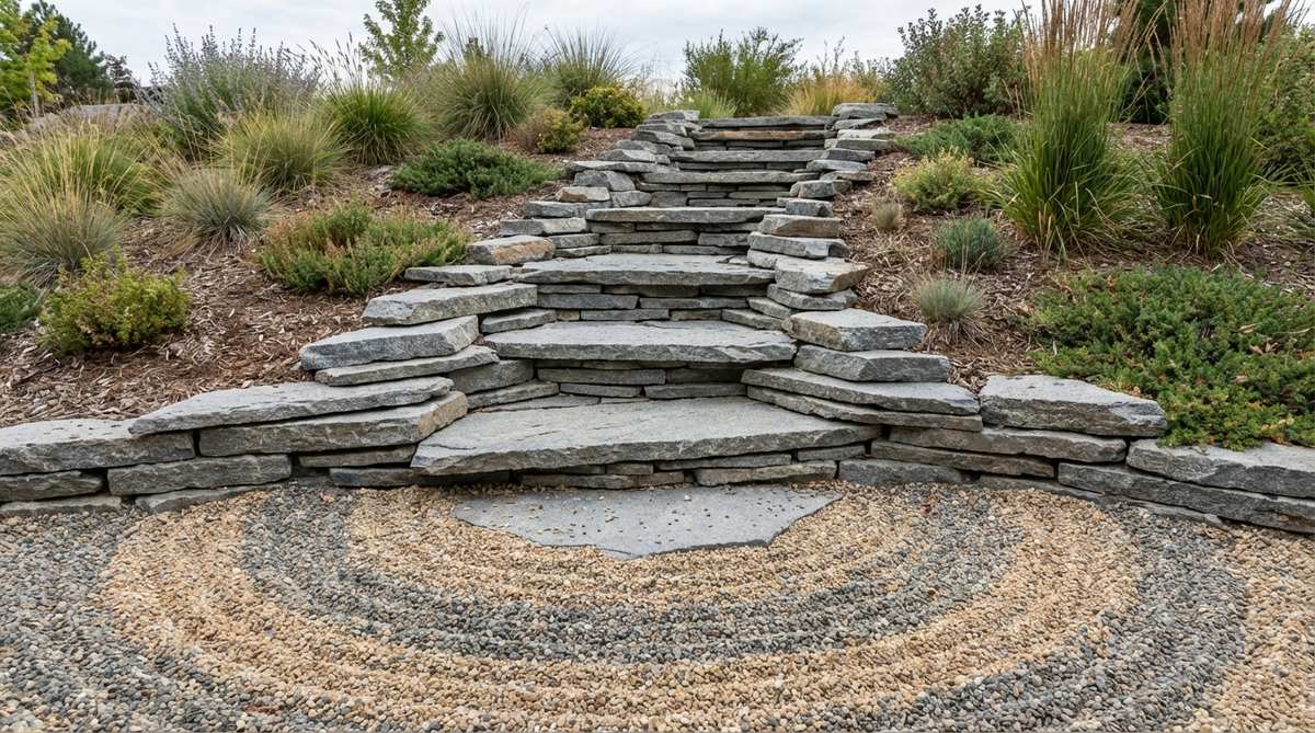 A dry waterfall cascade created with stacked flat stones arranged in descending tiers to simulate a waterfall frozen in time. The vertical composition features granite or slate pieces layered in overlapping steps with each tier angled slightly forward, drawing the eye upward and adding height variation to horizontal raked patterns. Curved gravel patterns at the base represent the splash zone where water would land in this zen garden design element.