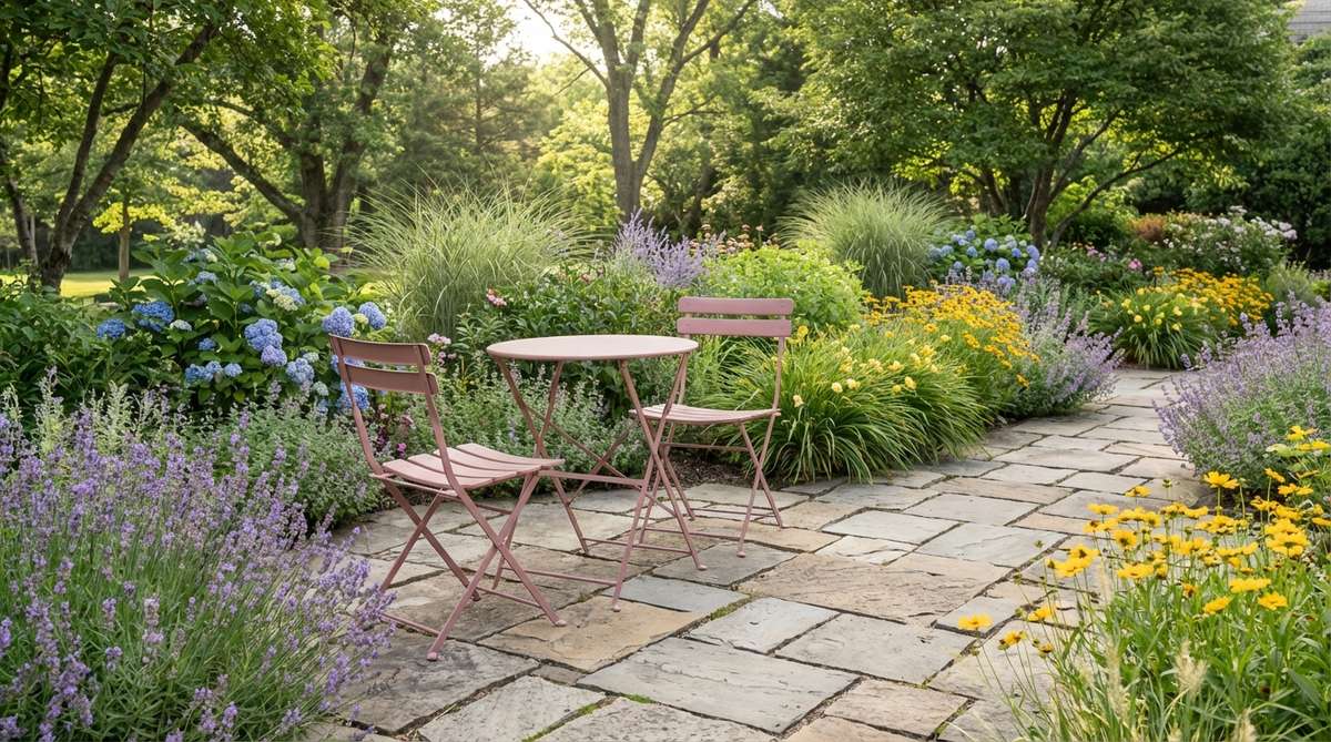 A metal bistro set powder-coated in dusty pink, positioned against stone pavers for textural contrast. This muted shade complements both cool blues and warm yellows in surrounding plantings, with UV-protective sealant applied to prevent fading. Perfect for spring outdoor decor.