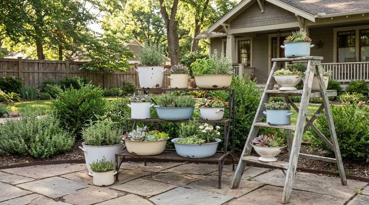 Chipped enamel cookware in whites, creams, and pale blues used as charming small-scale planters for succulents, herbs, and alpine plants, displayed on tiered plant stands or vintage ladders.