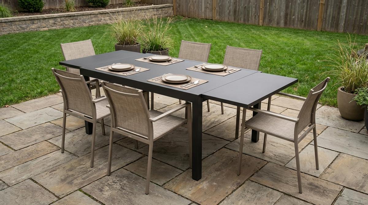 A minimalist extendable aluminum dining table for gardens, featuring telescoping mechanisms for flexible seating from 4 to 8 people. The table has clean lines, matte charcoal or bronze finishes, and lightweight aluminum construction ideal for outdoor entertaining.