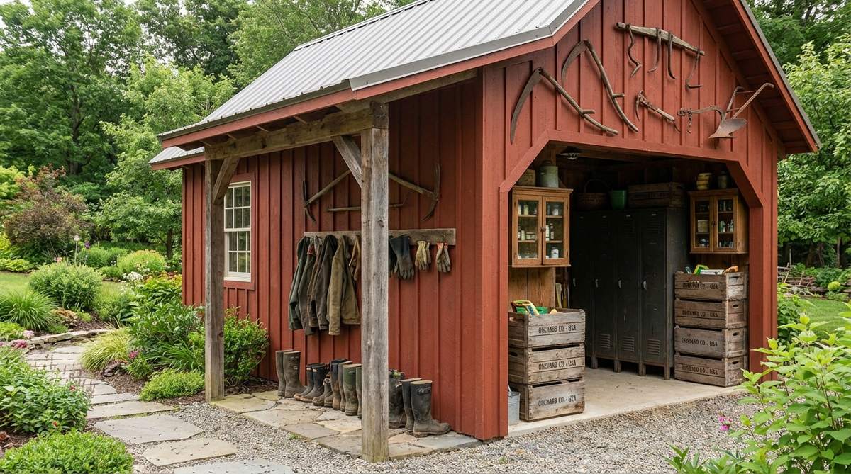 A cozy garden shed featuring a farmhouse tool station with a simple gable structure and board-and-batten siding in classic barn red or charcoal gray. Vintage farm tools such as scythes, hay hooks, and hand plows are mounted as wall decorations. Interior storage includes antique medicine cabinets, metal locker units, and wooden apple crates stacked horizontally for organization. A covered porch overhang supported by rough-hewn posts provides space for muddy boots and wet weather gear to air out, enhancing the authentic farmhouse character.