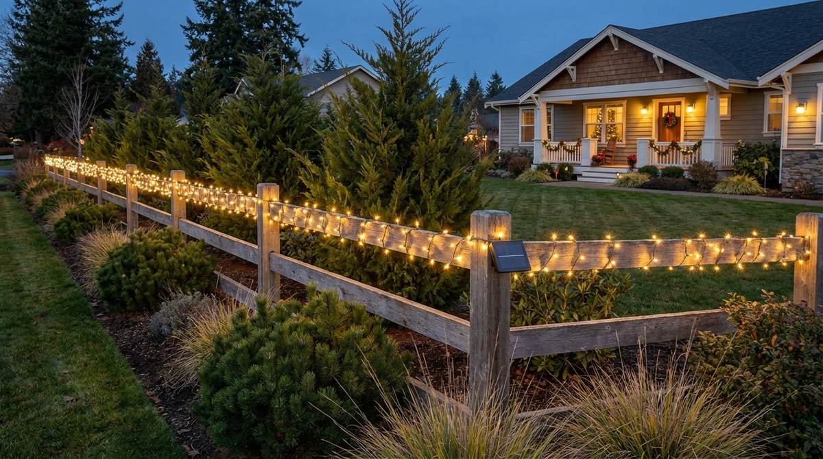Solar-powered Christmas lights outlining a property fence line, creating clear boundaries and extending decorative illumination into the landscape for a cohesive outdoor holiday display.