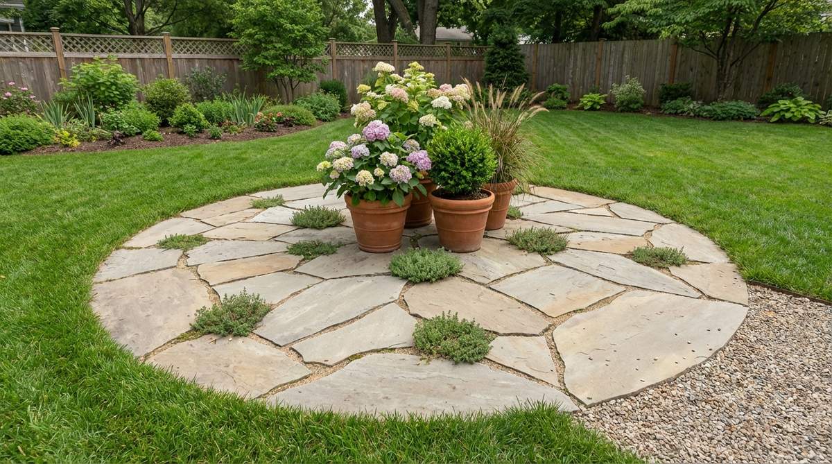 A decorative circular arrangement of flat flagstone pieces forming a medallion in a lawn or pathway, used as a base for container plants or garden decor, with minimal joints filled with sand or low-growing plants.