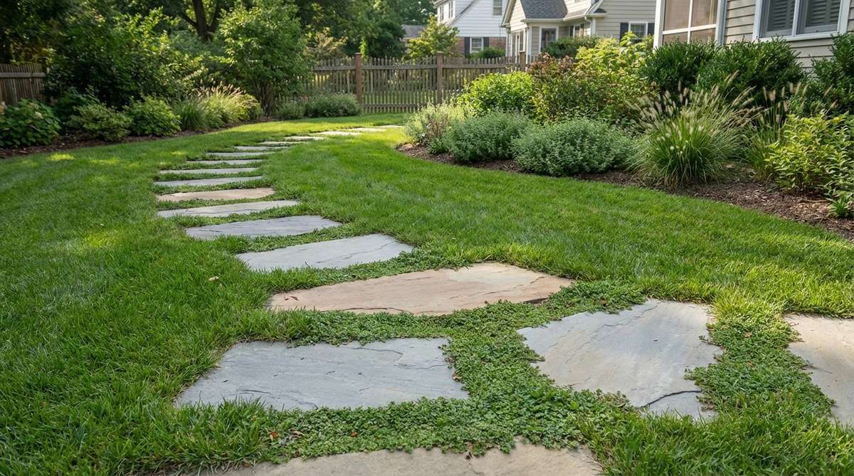 Irregular bluestone or sandstone slabs set 18-24 inches apart through lawn or groundcover, creating a stepping path that encourages mindful movement. Stones are 16-24 inches across for comfortable stride length, excavated 2-3 inches and set in sand for stability while maintaining grade with surrounding turf.