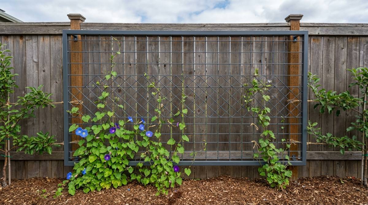 A rectangular flat steel trellis panel with grid or diamond patterns, designed for mounting against walls or fences. Features powder-coated steel for weather resistance and a flat profile to maximize planting area. Ideal for espalier training or supporting vines like morning glories, with multiple attachment points for plant ties.