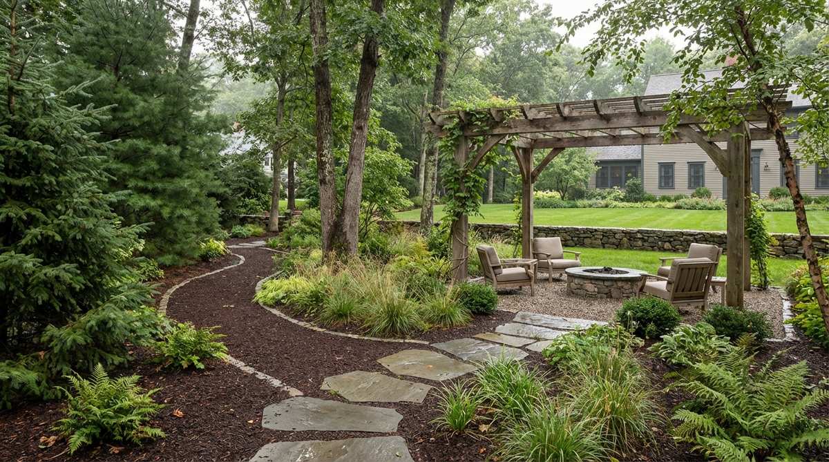 A color palette featuring pine green, cocoa brown, and misty gray, inspired by wooded pathways after rain, ideal for modern farmhouse and rustic interiors to create a grounded and calming atmosphere.