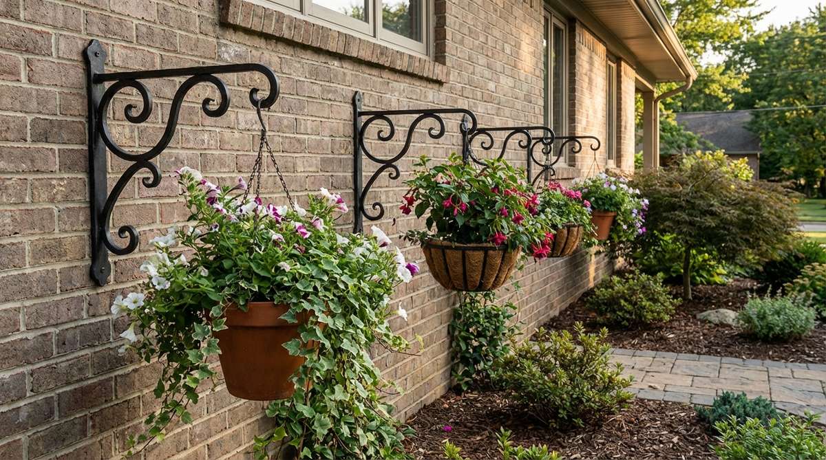 Decorative forged iron wall brackets with curved and scrolled designs, mounted on exterior walls to support hanging baskets and planters. These brackets add three-dimensional interest to flat surfaces and are suitable for creating cascading plant displays at varying heights. The dark iron silhouettes remain visible even when plants are in full bloom, functioning year-round for seasonal container changes.