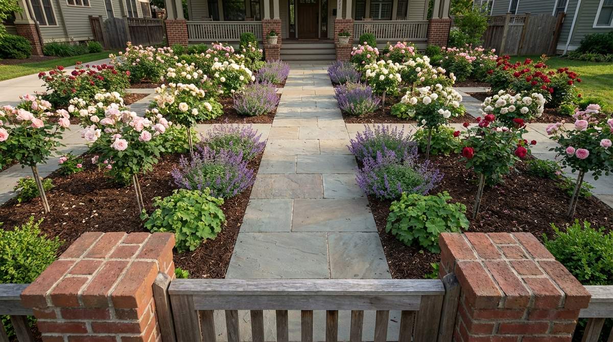 A formal garden entry featuring hybrid tea roses and shrub roses planted in symmetrical geometric beds flanking a walkway, with coordinating colors of soft pinks, creamy whites, or deep reds, underplanted with low perennials like catmint or lady's mantle, and generously mulched beds for weed suppression and moisture retention.