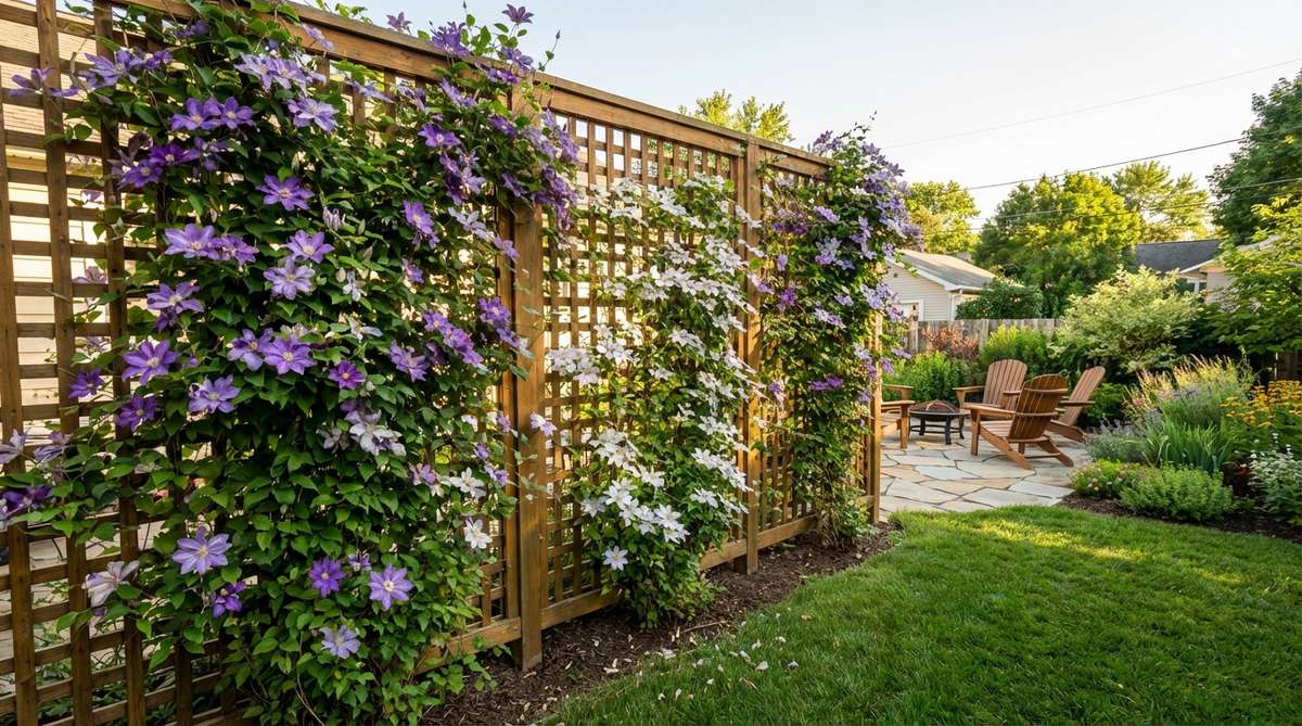 A freestanding trellis wall covered with blooming clematis vines creates a beautiful garden division in a small backyard. The lattice structure allows light and air circulation while providing privacy and vertical growing space.