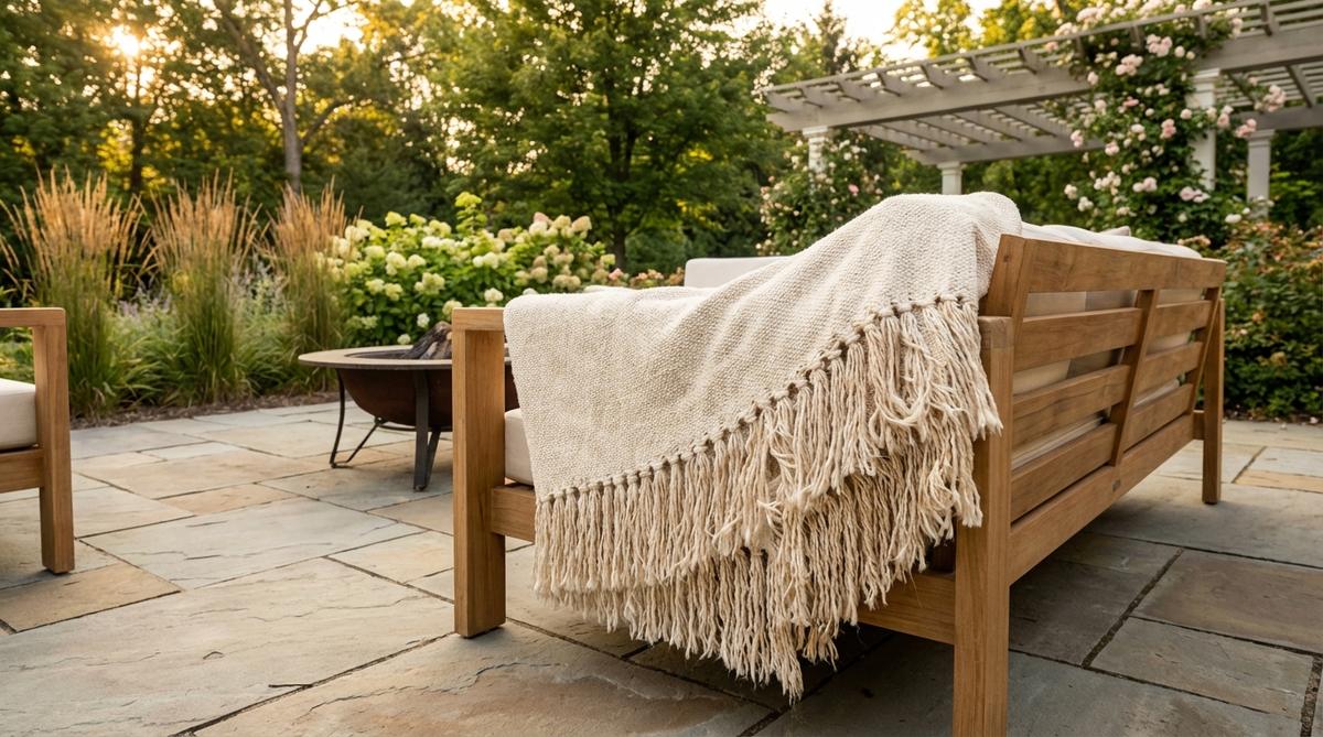 A fringe-detailed throw blanket draped over a sofa arm in a modern boho living room, showcasing substantial fringe texture that adds movement and visual interest to the seating area. The solid color or simple stripe design allows the fringe detail to be the focal point, complementing the textural elements of boho decor without overwhelming patterns.
