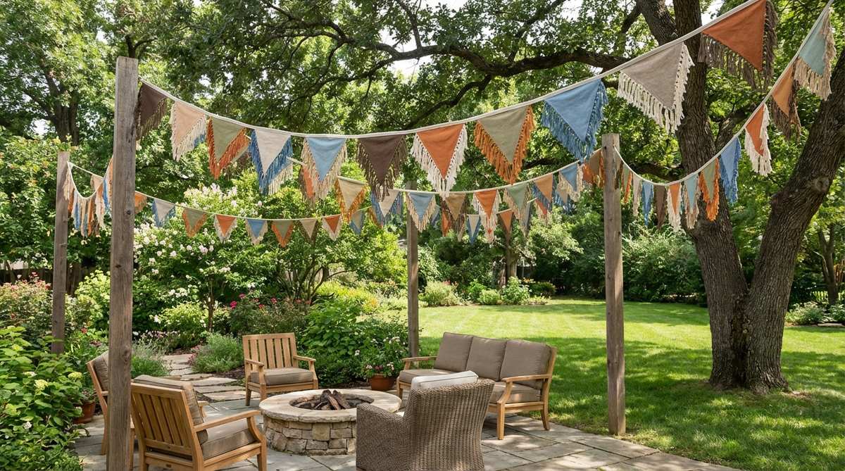 Colorful fabric banners with hand-knotted fringe details hanging at staggered heights between trees or posts, creating movement and depth for boho party decorations. Made from cotton canvas or lightweight linen in triangular pennant shapes with coordinating embroidery floss or yarn fringe.