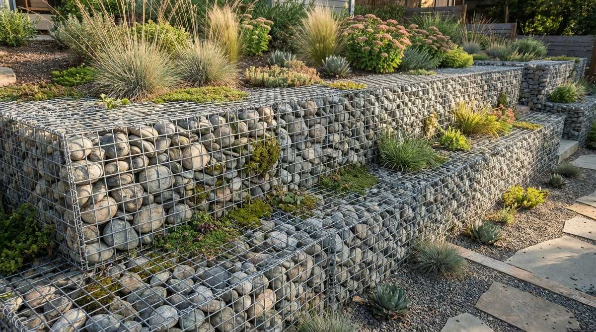 A modern gabion basket wall constructed with wire mesh cages filled with river rock, installed on a sloped garden. The industrial-modern design shows stacked baskets with 4-6 inch stones, demonstrating excellent drainage and structural flexibility. The open structure supports moss growth and provides habitat for beneficial insects, making it ideal for contemporary xeriscapes.