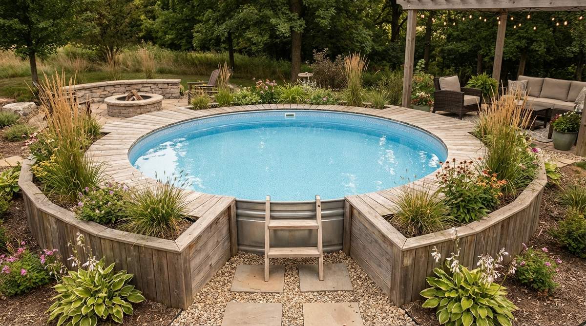A round galvanized steel tank pool with a custom vinyl liner installed in a small garden setting. The pool features a smooth interior surface and is surrounded by decking and landscaping, demonstrating an affordable hybrid solution that combines stock tank practicality with traditional pool comfort.