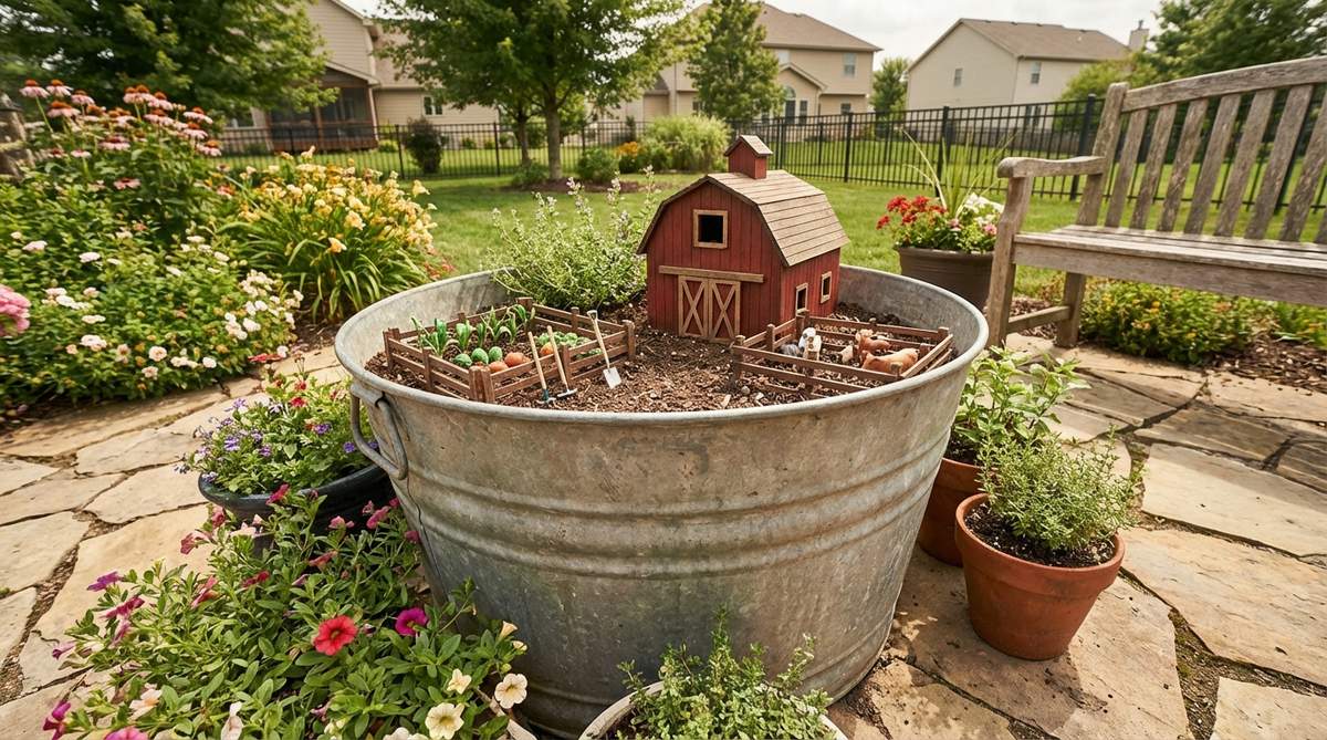 A large galvanized washtub used as a miniature garden container, featuring an elaborate farmhouse scene with a barn, vegetable garden, and animal corrals, showcasing vintage charm and outdoor durability for storytelling in miniature decor.