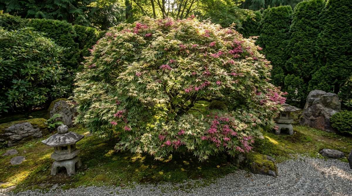 A close-up photograph of the Geisha Gone Wild Maple tree, showcasing its distinctive variegated foliage with green, white, and pink coloration in a tapestry-like pattern. The image highlights the tree's rounded form and ornamental qualities as a living sculpture in a shaded Japanese garden setting, with dappled light filtering through the canopy.