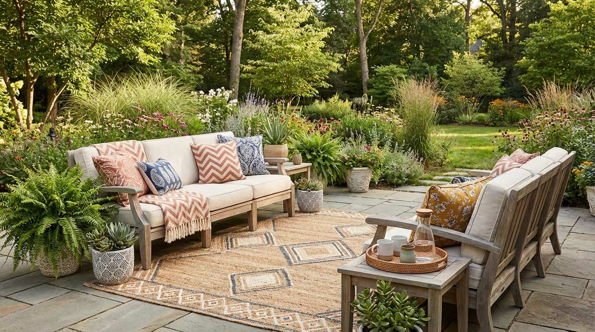 An image showcasing the boho decor style with a balanced mix of geometric patterns like chevrons and stripes alongside organic patterns such as florals and paisleys, illustrating dynamic tension and harmony in textile design.