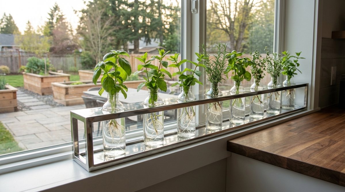A sleek hydroponic herb rail featuring clear glass bottles with herb cuttings in water, showcasing floating roots in a modern, low-mess setup ideal for kitchens.