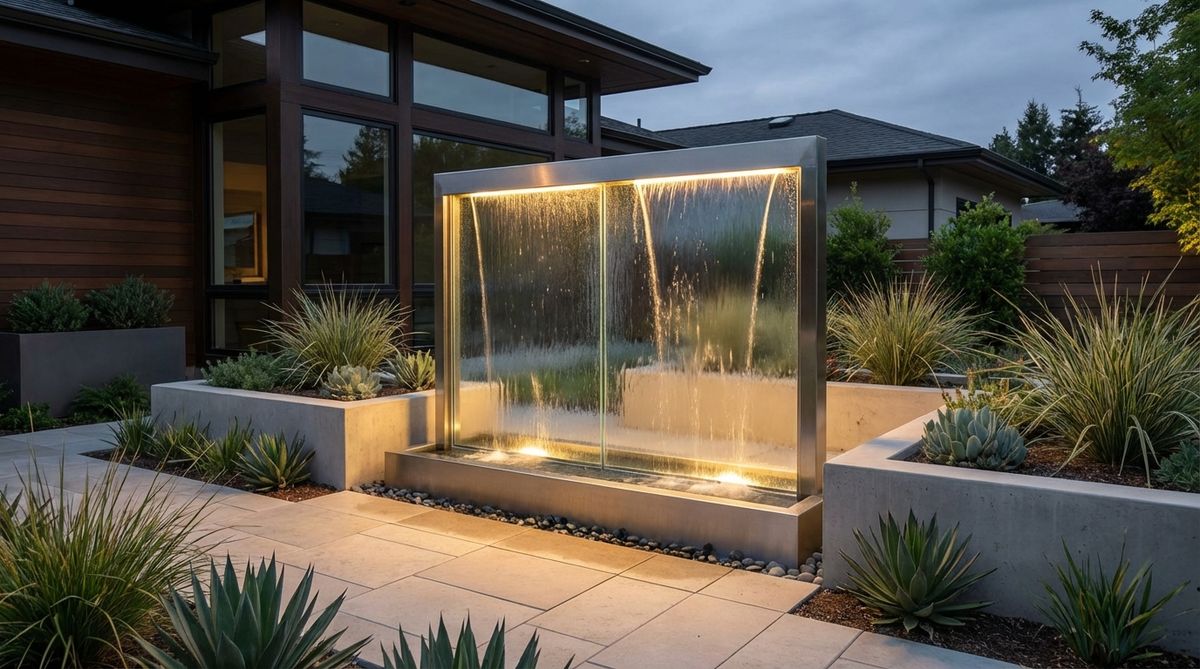 A modern glass panel fountain with LED backlighting, featuring water flowing down a tempered glass surface illuminated by integrated lights. This contemporary design creates dramatic light and water effects, ideal for small gardens with modern architecture and clean lines.