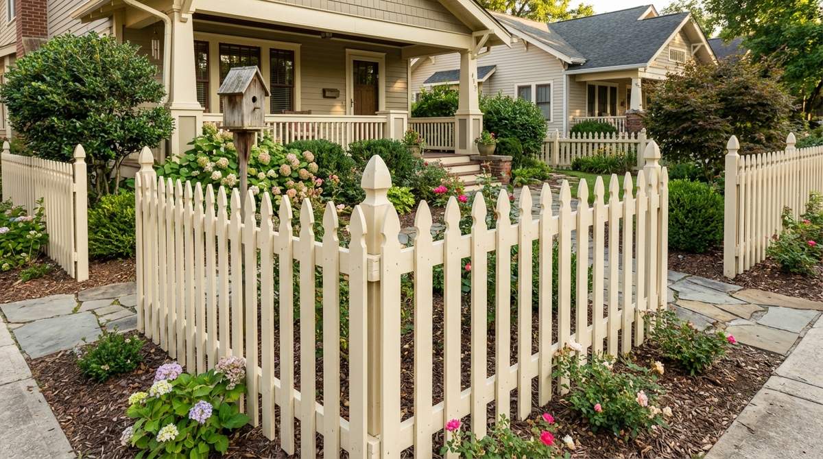 A decorative small garden fence with pointed picket tops, designed to add architectural interest and create a sense of height in compact spaces. This Victorian-style fence features pickets spaced three inches apart for transparency, painted or stained to coordinate with home exterior trim for enhanced curb appeal.