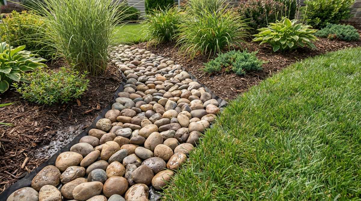 A close-up photo showing a graded river rock band used as stone garden edging, featuring smooth 2-4 inch river rocks arranged in a 6-12 inch wide transition zone between lawn and planting beds. The image demonstrates proper installation with landscape fabric underneath to prevent sinking, highlighting the textured appearance and functional water infiltration properties.