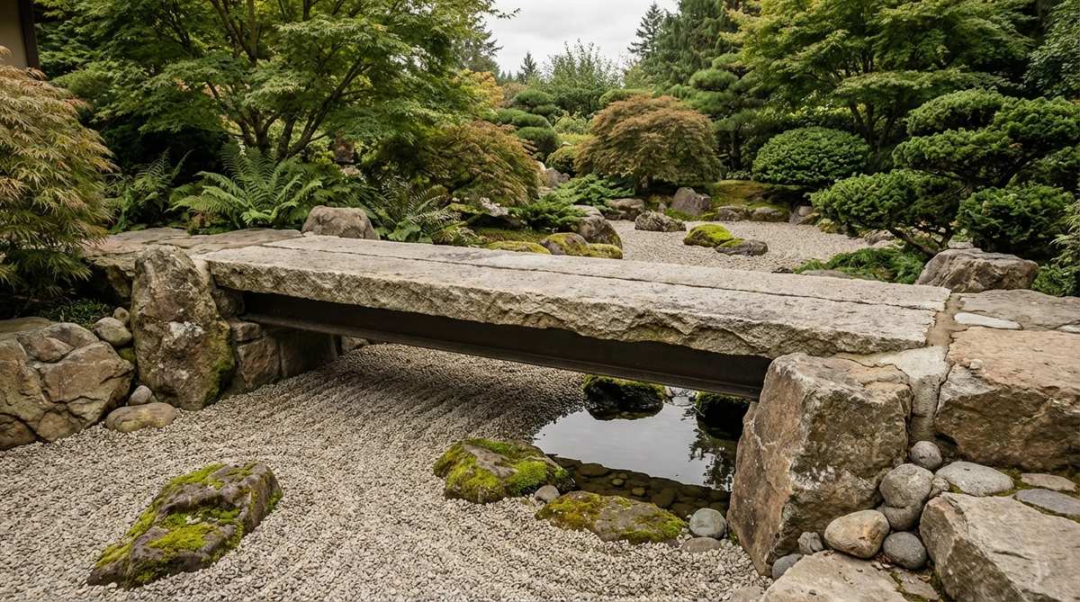 A close-up view of a zen garden bridge featuring thin granite planks, 3 to 4 inches thick, spanning over water or a dry landscape. The planks are supported by hidden steel I-beams for structural reinforcement, with visible grout joints and weathered edges that blend seamlessly with natural stone elements. This engineering design combines visual lightness and durability, ideal for serene garden settings.
