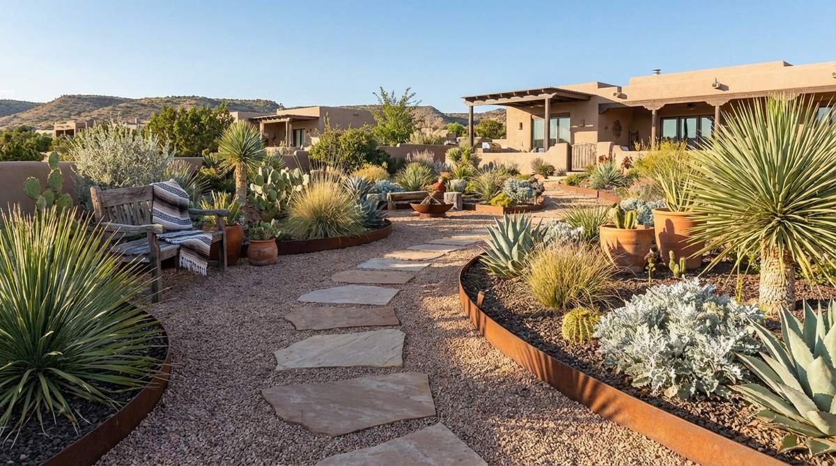 A rustic gravel pathway with large stepping stones, edged with rusted steel borders, creating a low-maintenance walking surface that complements desert plantings in western boho decor.