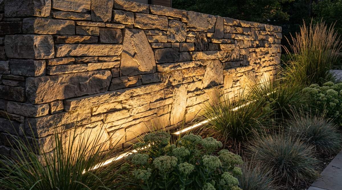 A close-up view of grazing light strips positioned near a textured stone wall, creating dramatic shadows that highlight the surface relief and architectural depth in a modern garden setting.