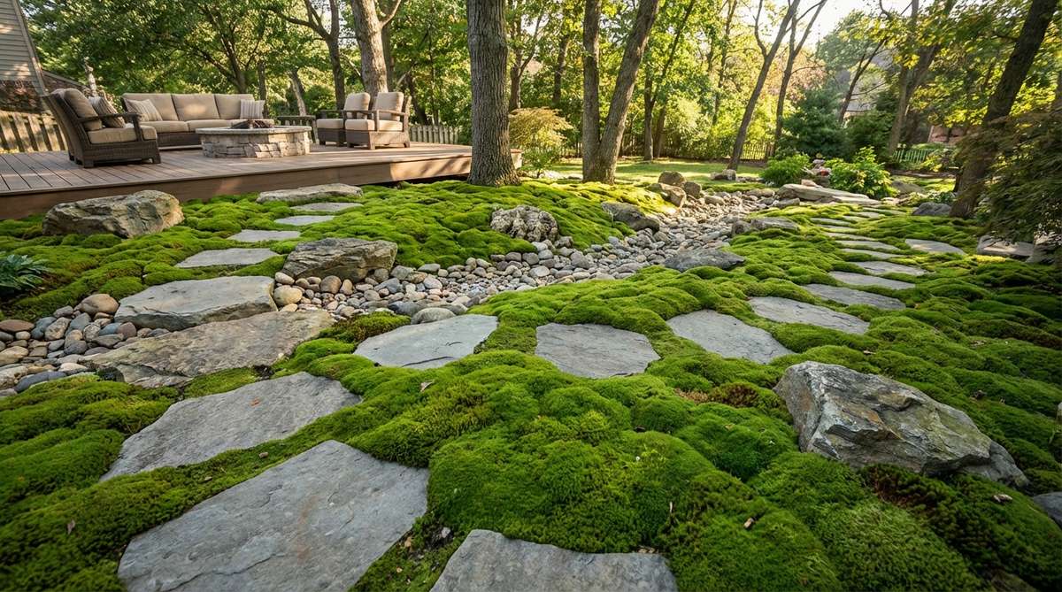 A Japanese stone garden featuring Racomitrium japonicum (hai-goke) moss creating horizontal green meadows with flat stones interspersed throughout. The crawling moss forms expansive carpets that tolerate sun and dryness, providing a restful visual foundation with contrast between stone gray and moss green.