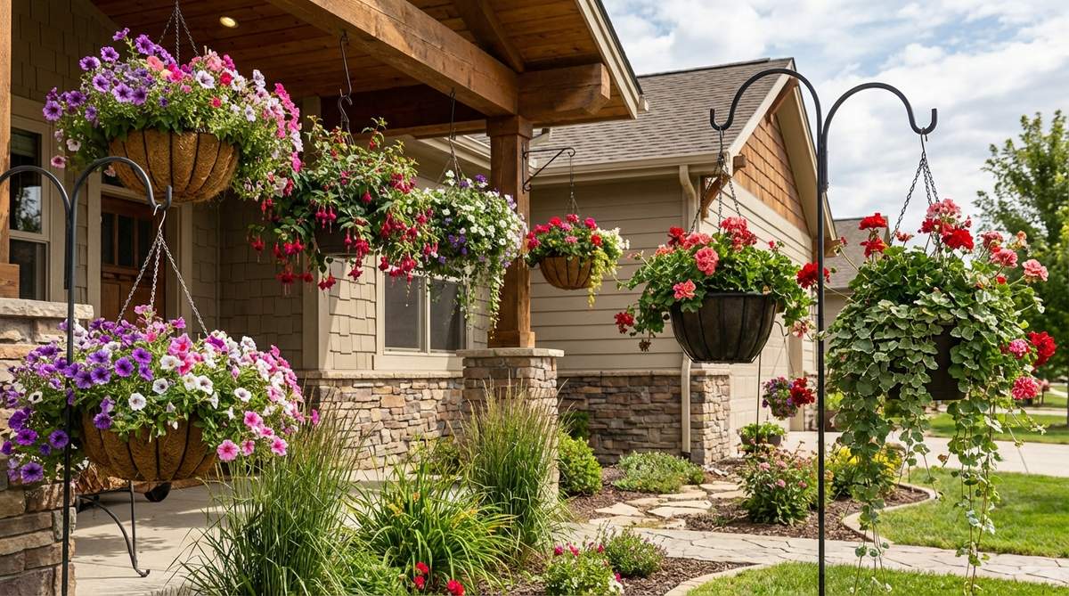 A dynamic hanging basket collection suspended at varying heights from a porch overhang or shepherd hooks, featuring trailing petunias, fuchsias, and ivy geraniums to create visual movement and fill overhead zones in a small front garden.