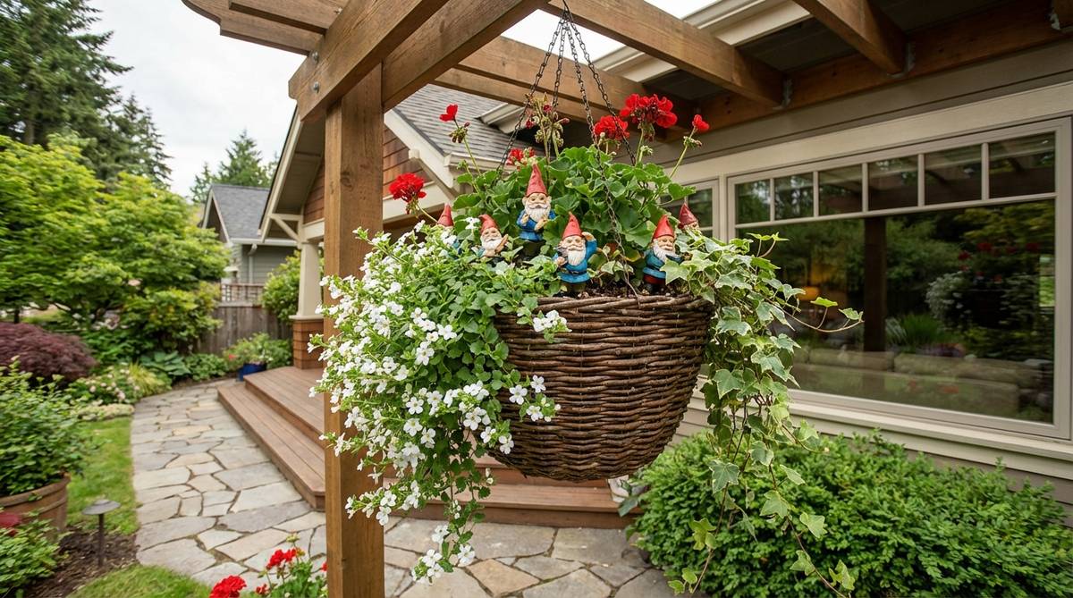 A whimsical hanging basket display with miniature gnomes perched among trailing plants like bacopa and geraniums, creating a theatrical garden scene visible from below and through windows.