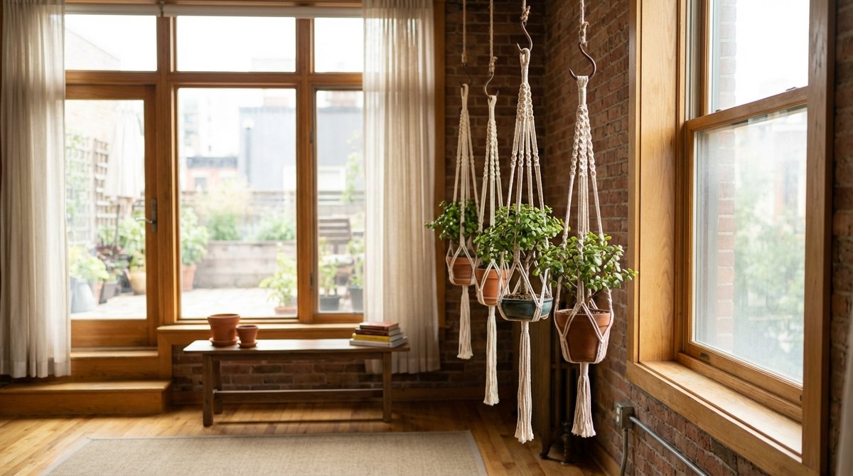 Three small bonsai trees suspended from ceiling hooks using handwoven macrame hangers at staggered heights, featuring lightweight specimens like Portulacaria afra or dwarf Schefflera, positioned near a window for indirect light in a studio or micro-apartment setting.