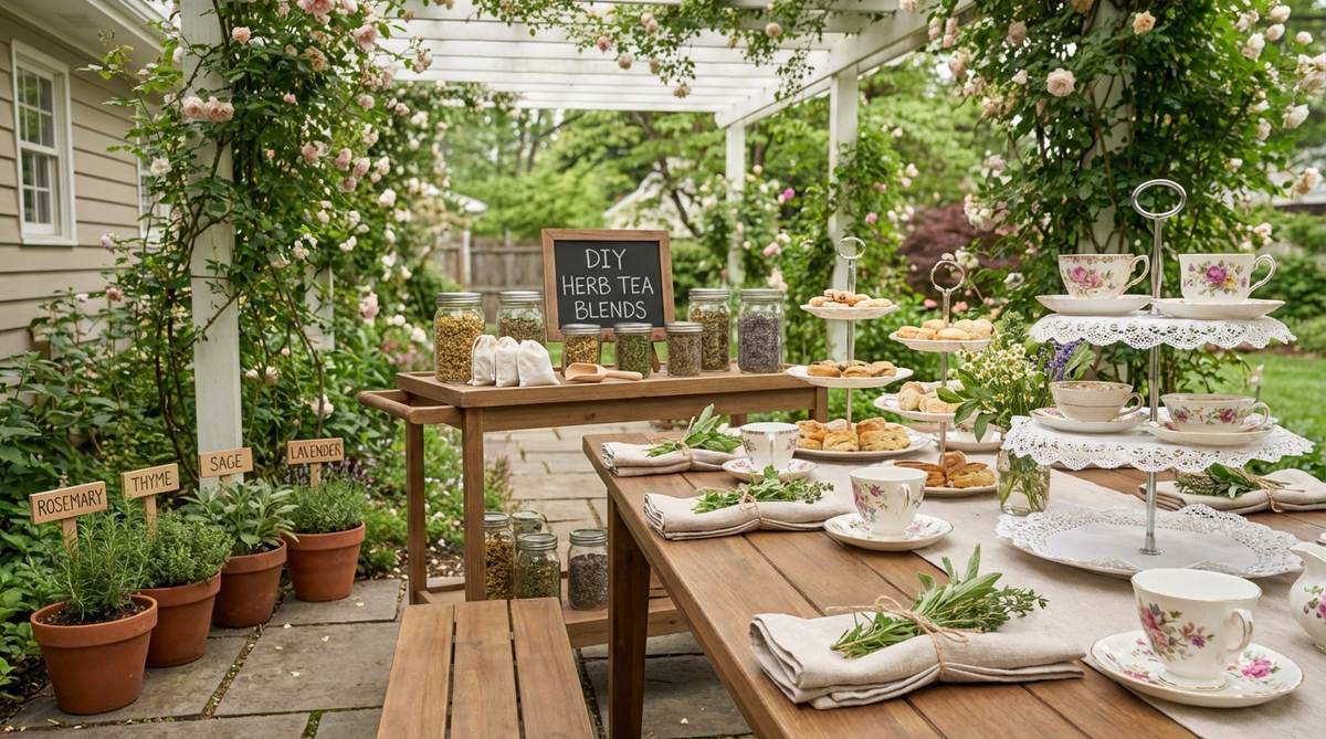 A charming herb garden tea party scene featuring fresh herb bundles tied to napkins with twine, a DIY tea blending station with dried herbs and muslin bags, and vintage teacups on tiered cake stands with lace doilies. Potted herbs with handwritten botanical labels add educational visual interest in a refined afternoon tea atmosphere.
