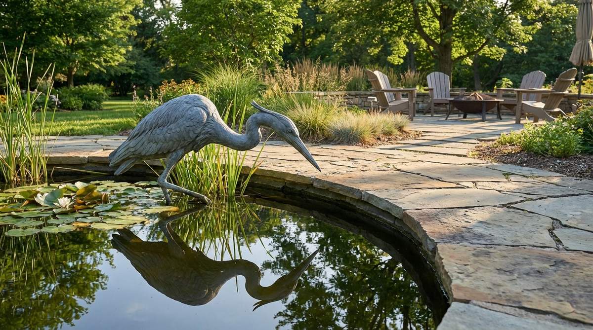 A stone heron sculpture in fishing pose with extended neck and poised beak, carved from gray slate or bluestone for pond edges. This 3-4 foot tall garden statue creates dramatic verticality and authentic hunting scenes in water features.