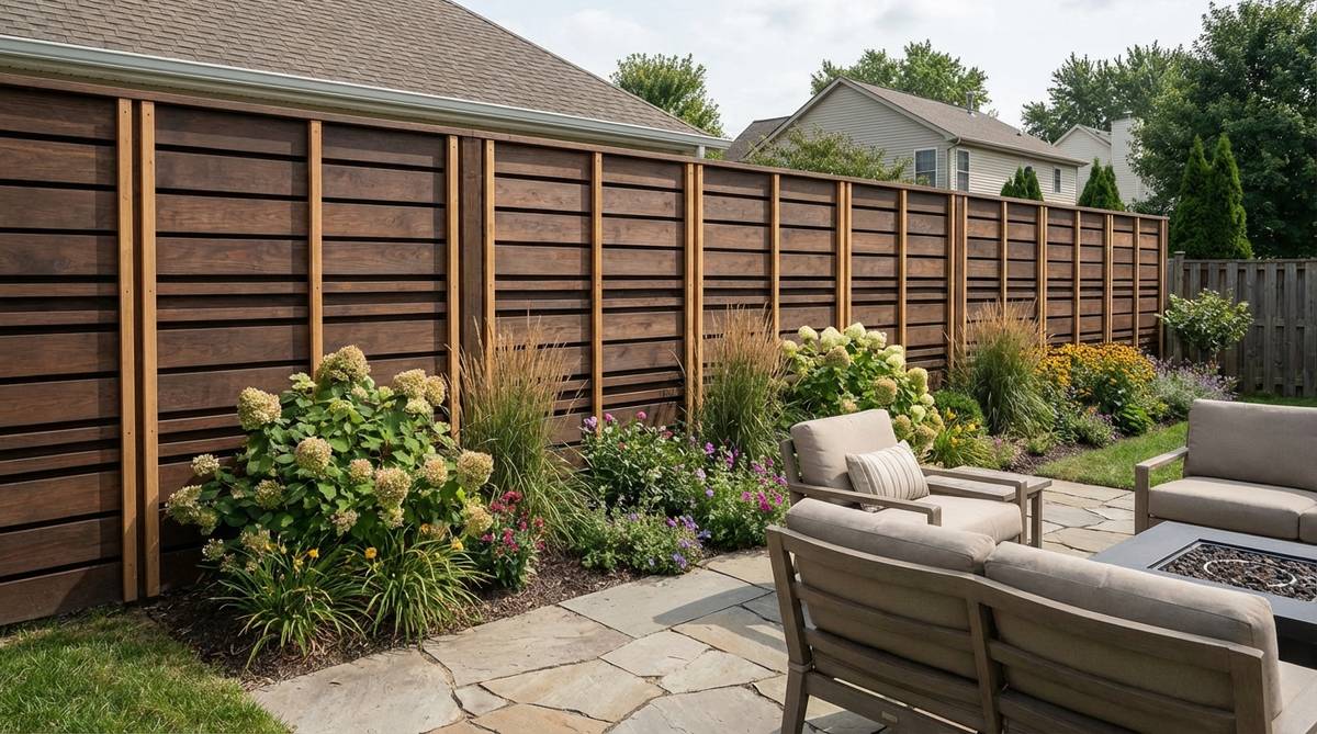 A garden fence featuring wide horizontal boards overlaid with narrow vertical battens, creating bold shadow lines and strong architectural presence. This design uses contrasting wood tones or paint colors to accentuate the pattern, effectively blending traditional and modern aesthetics.