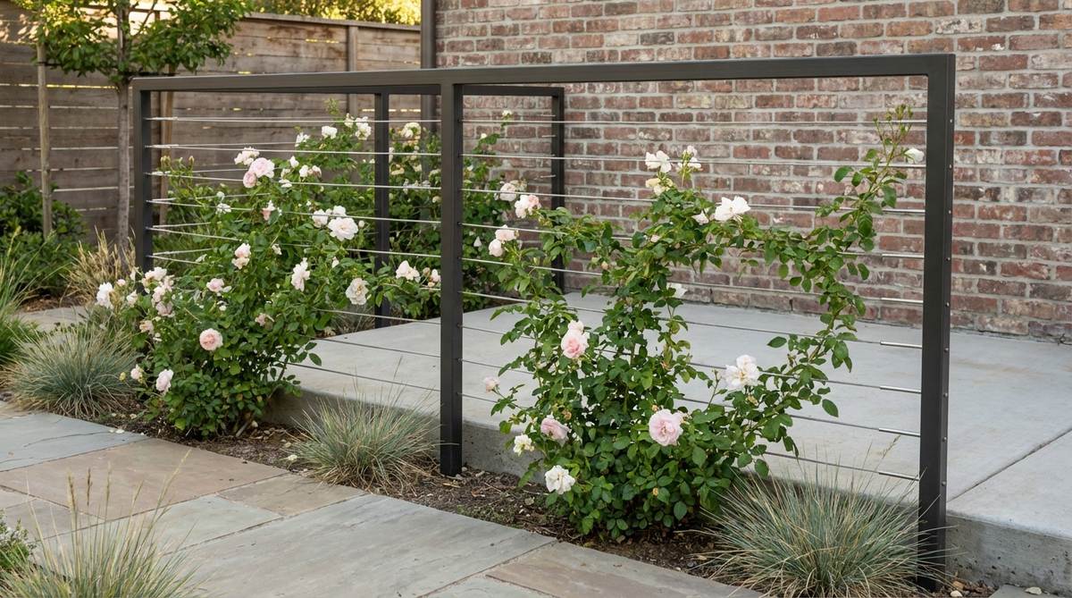 A minimalist horizontal rail trellis with parallel cables or rails spaced 12-18 inches apart, designed to support roses in a modern garden setting. This contemporary structure encourages side-branching for maximum blooms and suits architectural or urban spaces, featuring clean lines that highlight specimen roses without visual clutter.