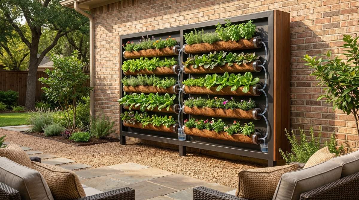 A hydroponic vertical garden panel showing a soil-free system with plants rooted in inert substrates like coconut coir, featuring efficient water circulation and drainage for optimized growth in outdoor decor.