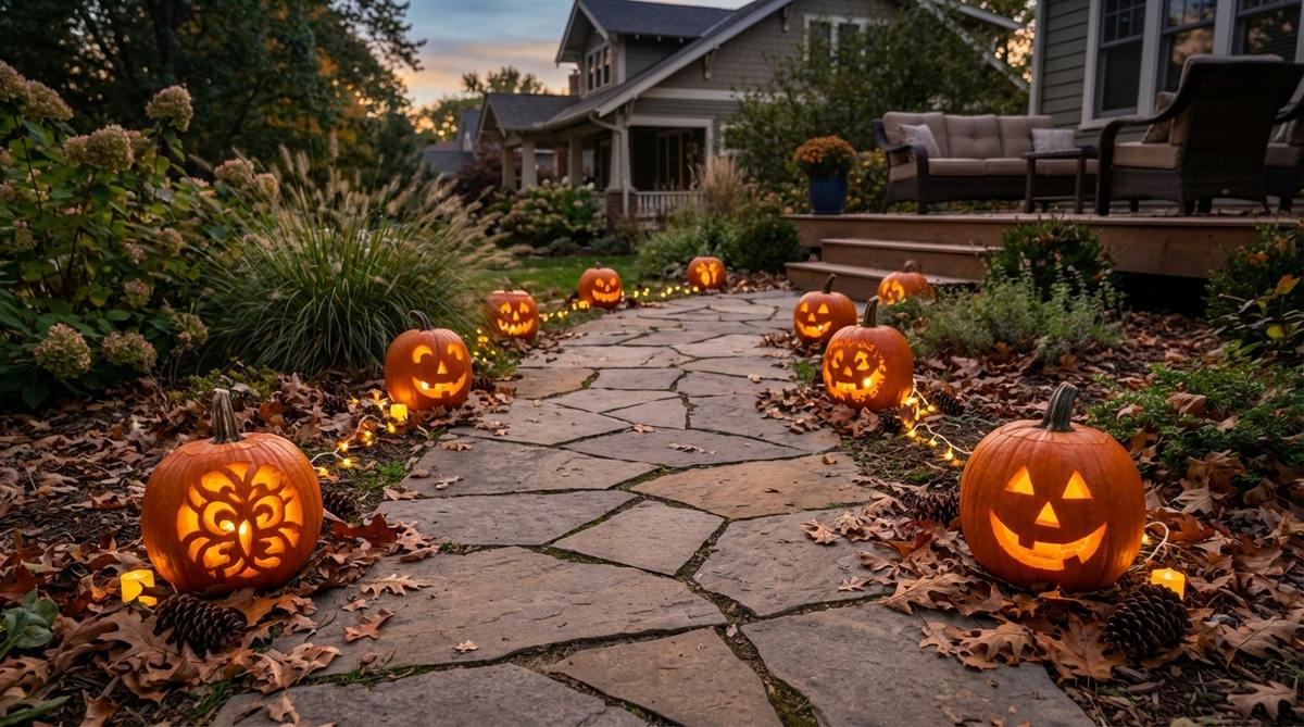 A magical glowing path created by lining walkways with medium-sized carved pumpkins spaced 3-4 feet apart on alternating sides, each containing battery-operated LED candles or fairy lights, surrounded by dried leaves and pine cones for natural fall integration.