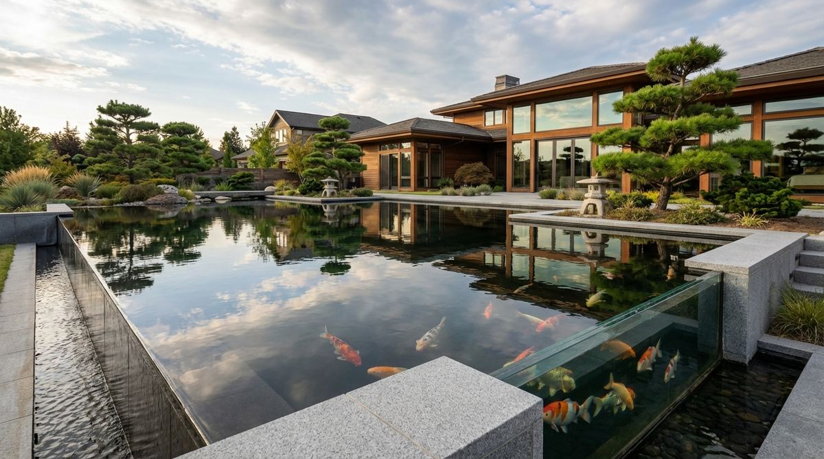 A modern Japanese garden infinity-edge koi pond creating a mirror-like surface that reflects the sky and surrounding architecture. Koi fish swim gracefully, adding living movement to the static composition. The pond features a precisely leveled overflow edge that makes the water appear to merge with the horizon, with glass panels on one side for underwater viewing.