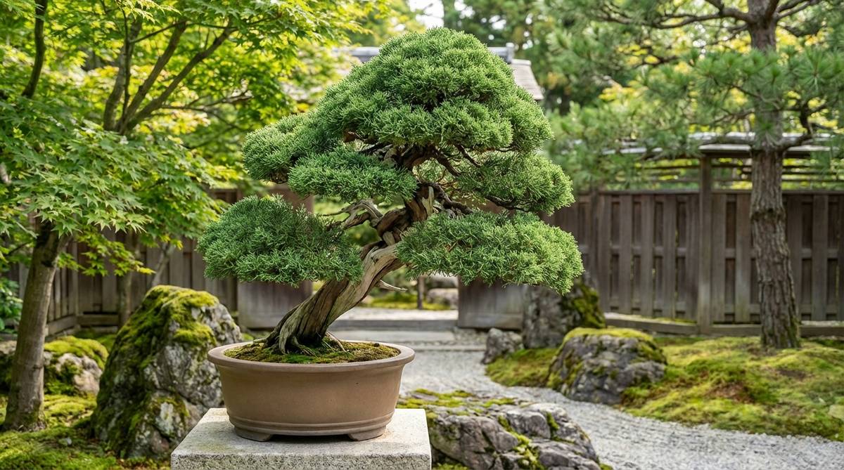 A close-up view of a refined Itoigawa Juniper bonsai tree, showcasing its fine-textured, cloud-like foliage that naturally forms tight pads without excessive pruning. This prized Japanese cultivar is displayed in a traditional Japanese garden setting, highlighting its aesthetic appeal and suitability for competition specimens.