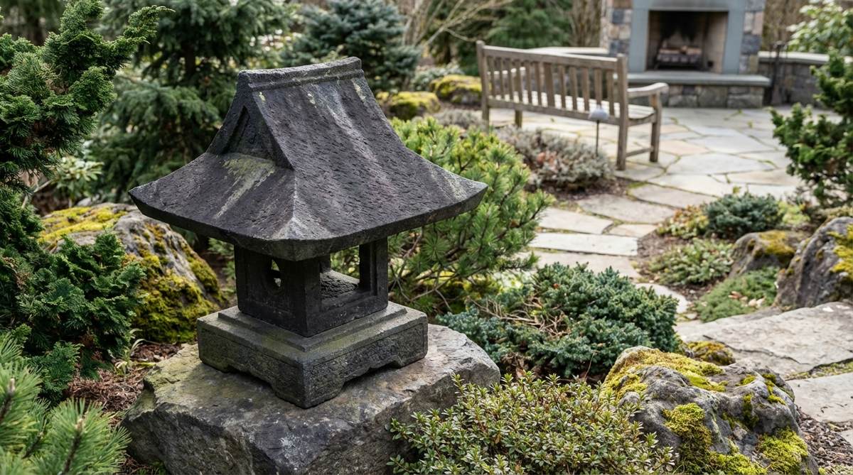 A traditional Japanese yukimi lantern crafted from rare raitai stone in the Izumo regional style, featuring a charcoal-gray patina, steeper roof angles, and compact proportions ideal for cold climate gardens.