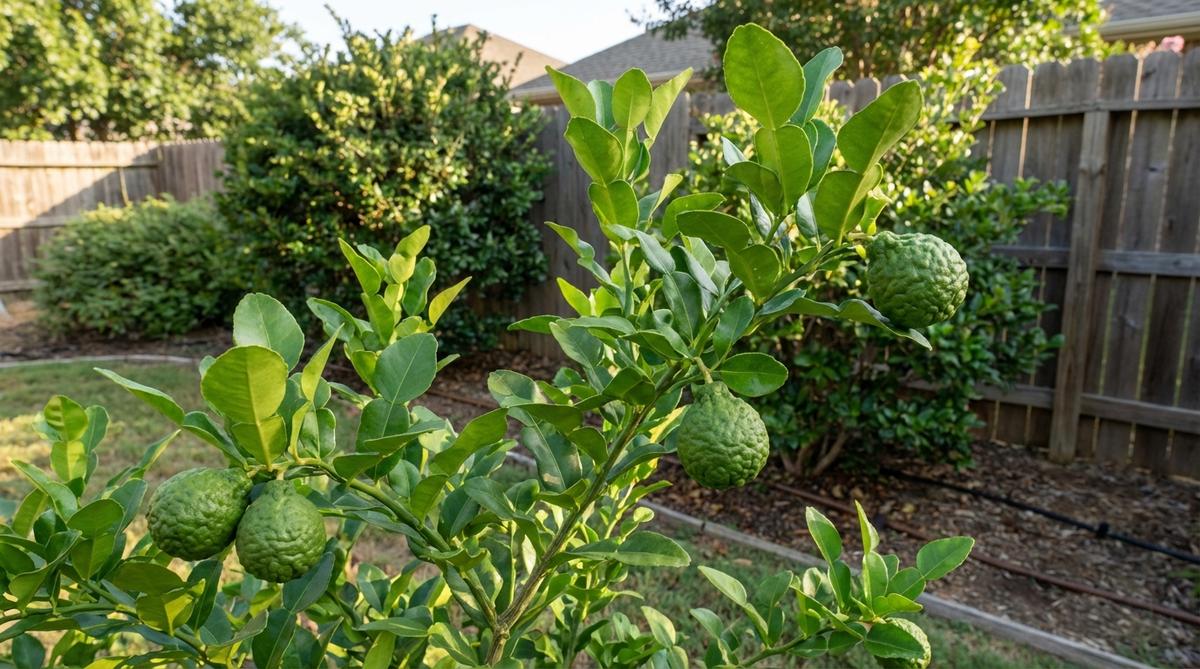 A close-up image of a Kaffir lime tree, showcasing its glossy, double leaves that are essential in Thai and Vietnamese cuisine. The tree is positioned in a sunny spot with high humidity, as recommended for optimal growth, and features bumpy-skinned fruit and sculptural foliage that adds interest to small gardens.