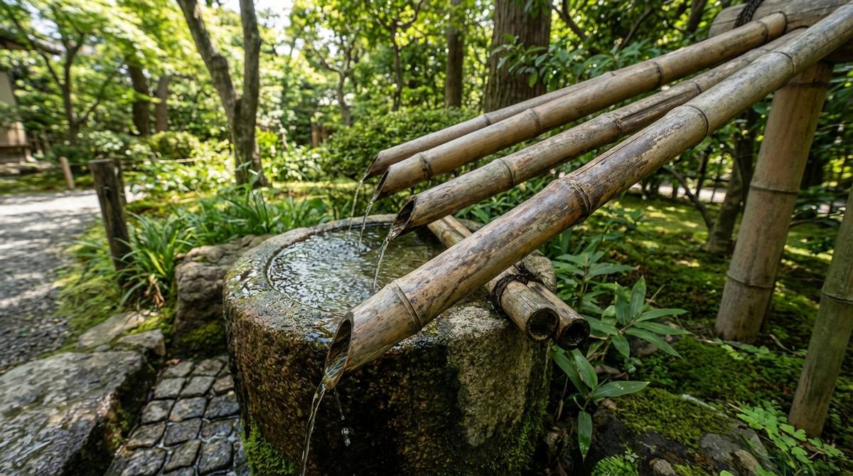 A close-up image of traditional Japanese Kakei bamboo water spouts, showing angled bamboo pipes delivering a gentle water trickle into a stone basin. The setup highlights natural bamboo segments with visible node joints, set in a serene outdoor garden environment with cobblestone drainage, illustrating the acoustic and aesthetic principles of Japanese garden decor.